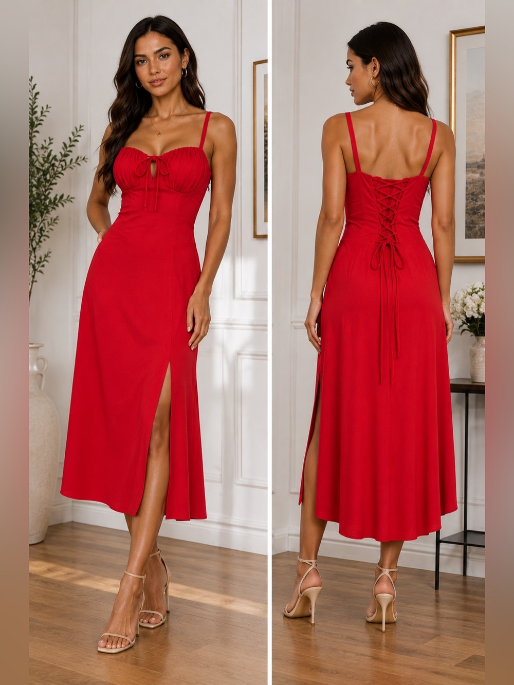 Red Strappy Bustier Milkmaid Corset Lace Up Slit Maxi Dress Large